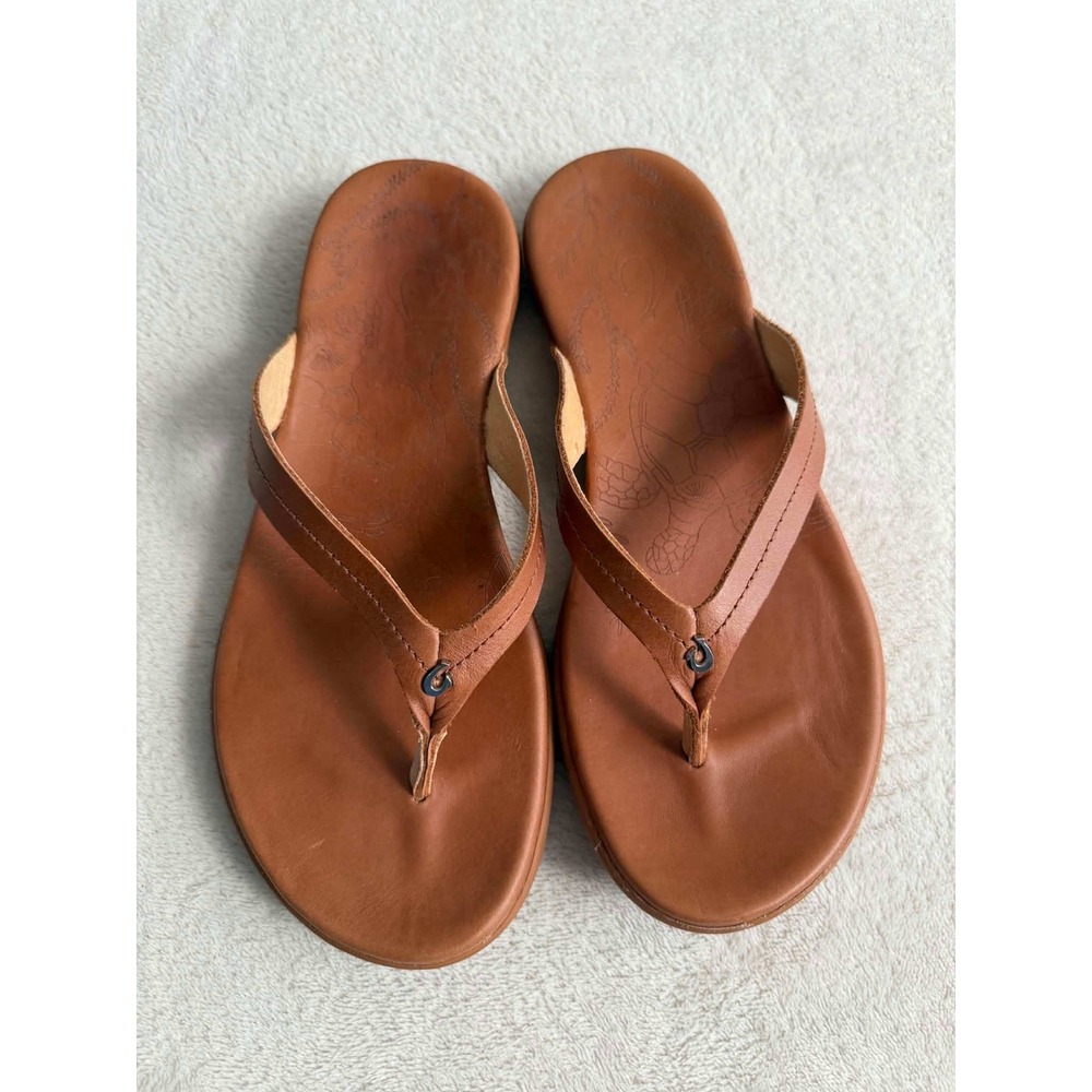 OluKai Womens 7 Brown Honu Leather Thong Sandals Flip Flops 20436-3434
